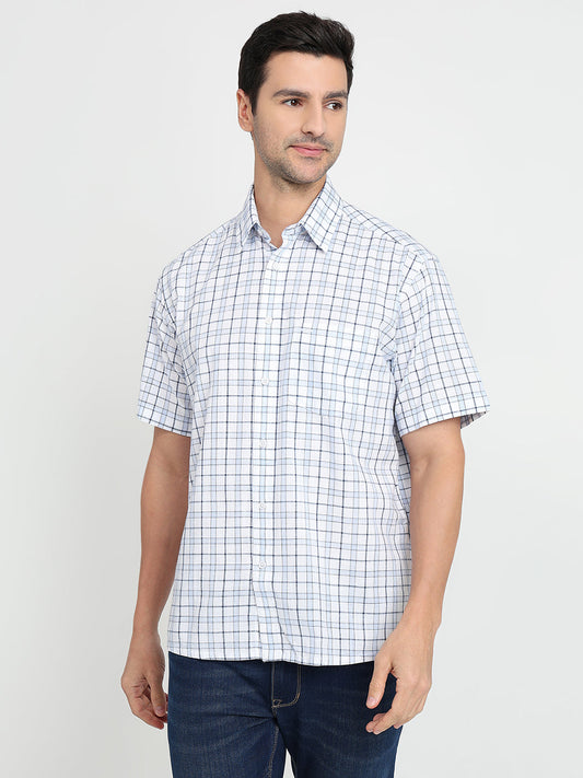 Colorplus Men Blue Checks Comfort Fit Cotton Half Sleeve Casual Shirt