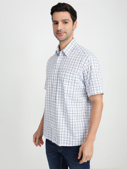 Colorplus Men Blue Checks Comfort Fit Cotton Half Sleeve Casual Shirt