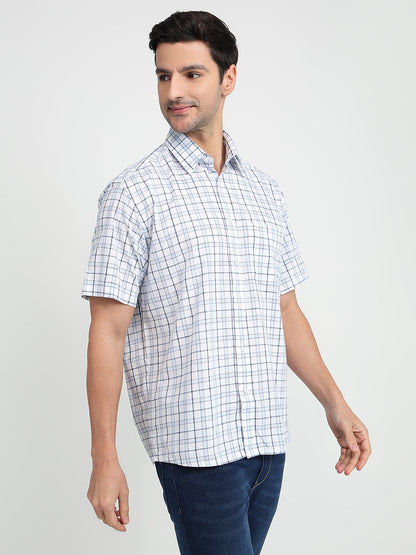 Colorplus Men Blue Checks Comfort Fit Cotton Half Sleeve Casual Shirt