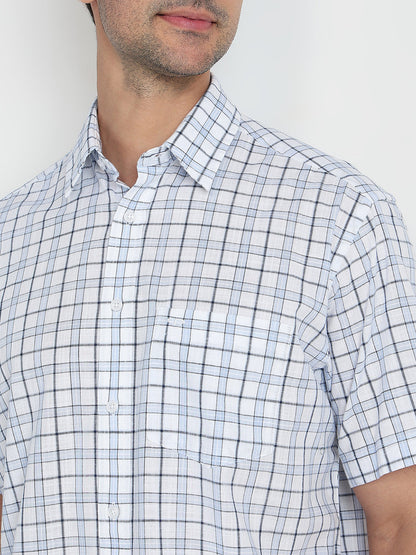 Colorplus Men Blue Checks Comfort Fit Cotton Half Sleeve Casual Shirt