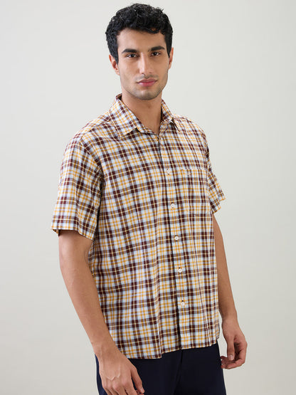 Colorplus Men Brown Checks Comfort Fit Cotton Half Sleeve Casual Shirt