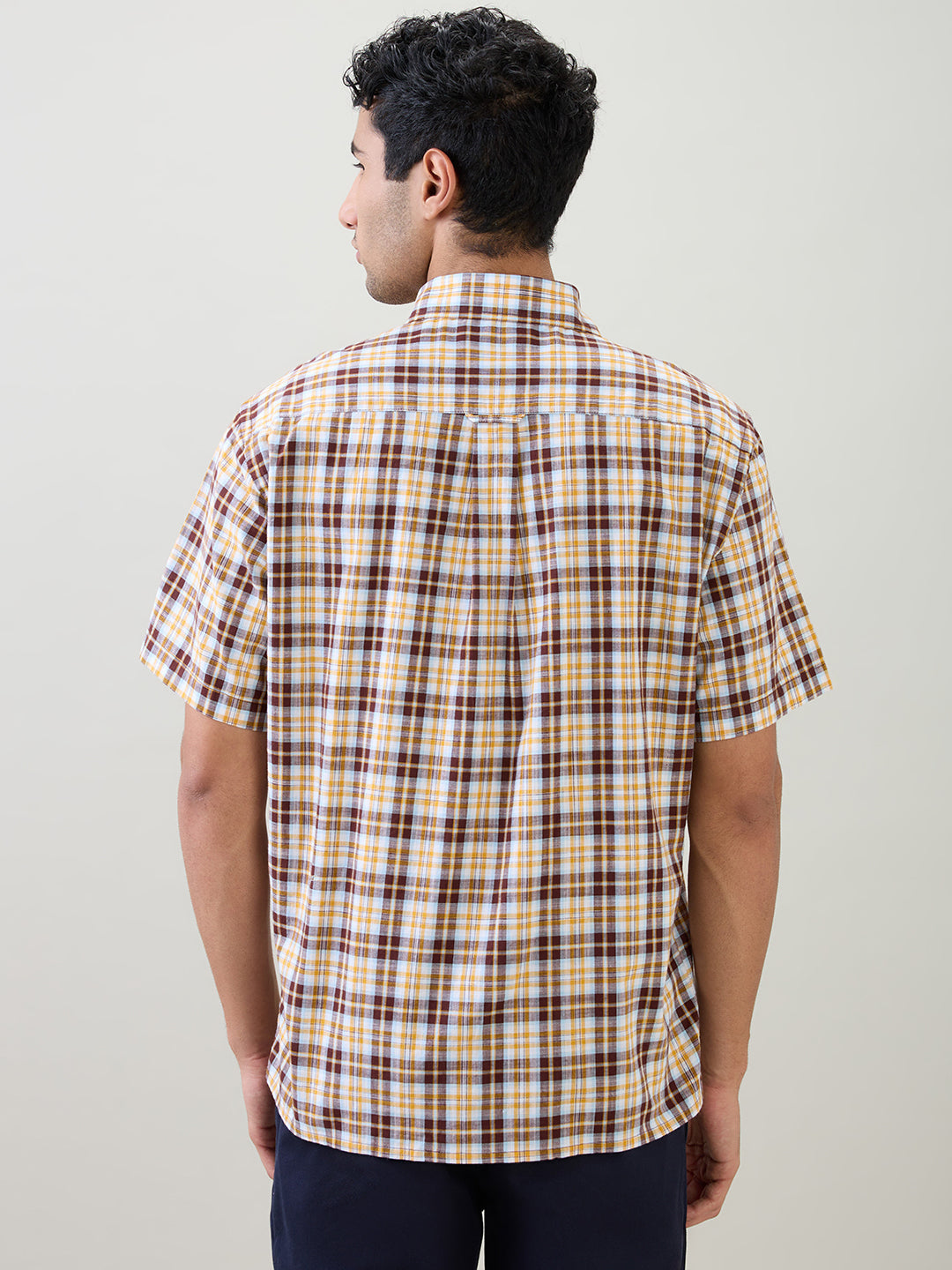 Colorplus Men Brown Checks Comfort Fit Cotton Half Sleeve Casual Shirt