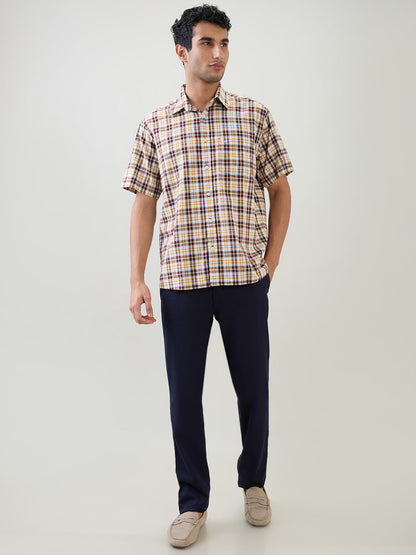 Colorplus Men Brown Checks Comfort Fit Cotton Half Sleeve Casual Shirt