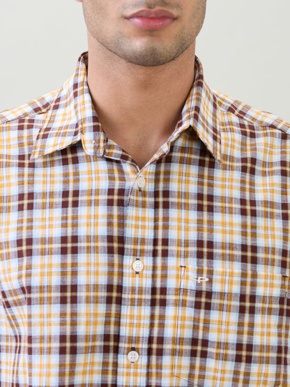 Colorplus Men Brown Checks Comfort Fit Cotton Half Sleeve Casual Shirt