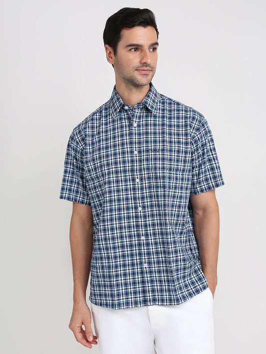 Colorplus Men Blue Checks Comfort Fit Cotton Half Sleeve Casual Shirt