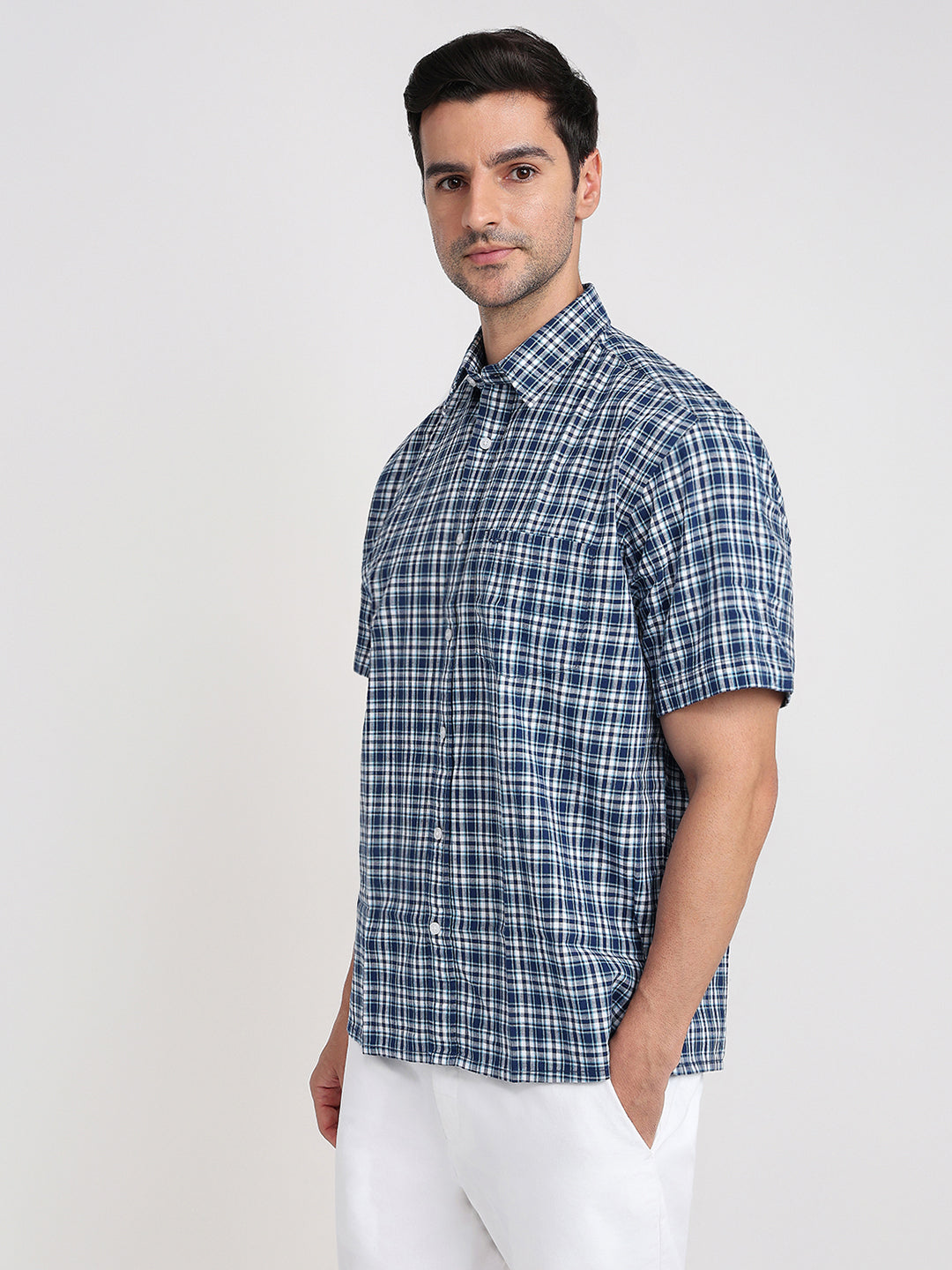 Colorplus Men Blue Checks Comfort Fit Cotton Half Sleeve Casual Shirt
