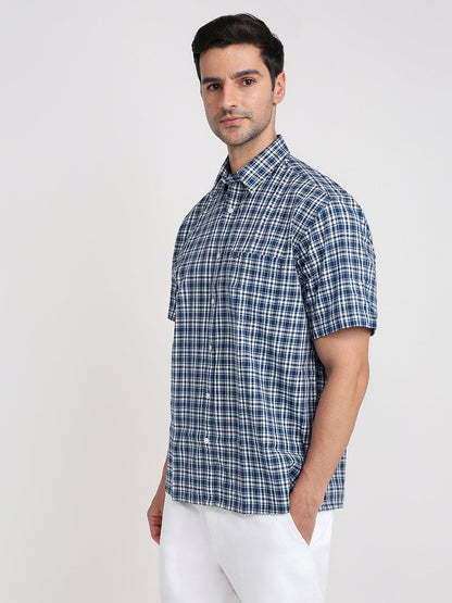 Colorplus Men Blue Checks Comfort Fit Cotton Half Sleeve Casual Shirt