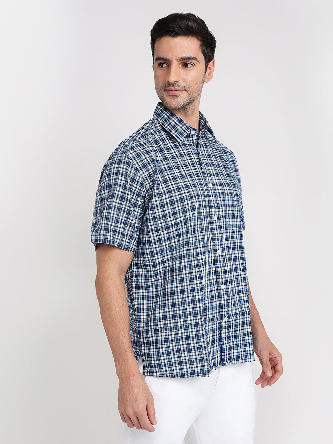 Colorplus Men Blue Checks Comfort Fit Cotton Half Sleeve Casual Shirt