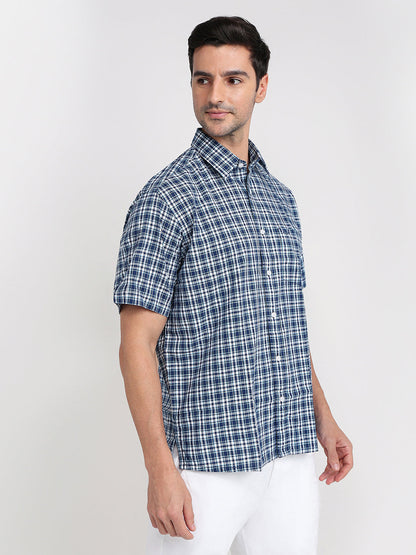 Colorplus Men Blue Checks Comfort Fit Cotton Half Sleeve Casual Shirt