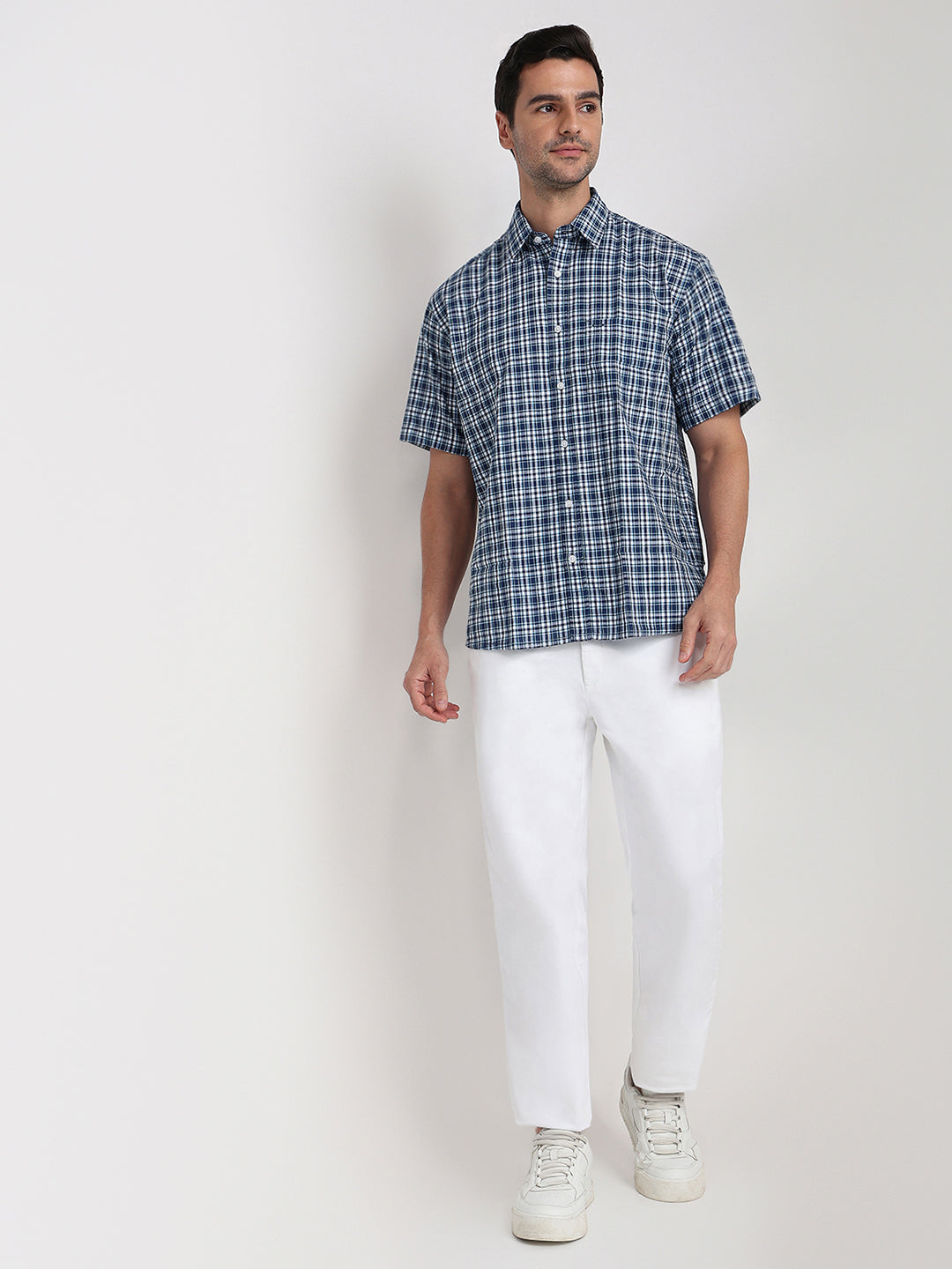 Colorplus Men Blue Checks Comfort Fit Cotton Half Sleeve Casual Shirt