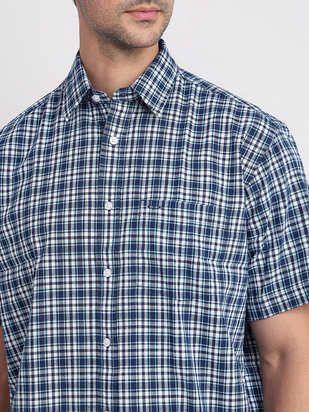 Colorplus Men Blue Checks Comfort Fit Cotton Half Sleeve Casual Shirt