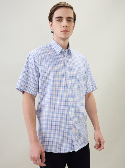 Colorplus Men White Checks Comfort Fit Cotton Half Sleeve Casual Shirt