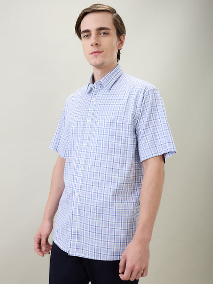 Colorplus Men White Checks Comfort Fit Cotton Half Sleeve Casual Shirt