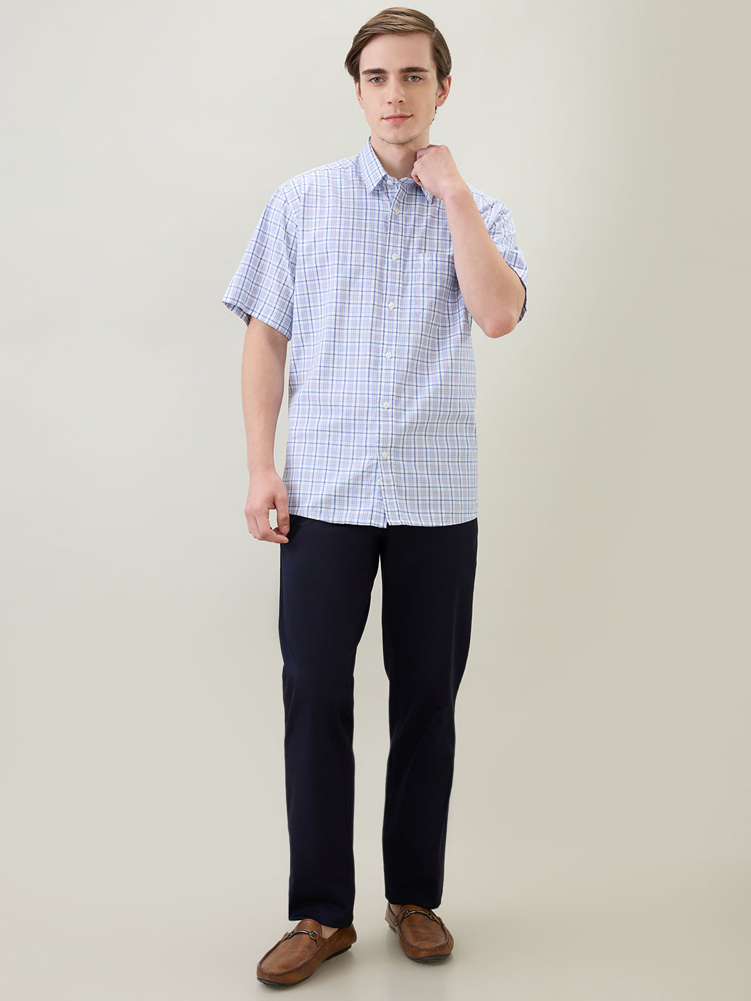 Colorplus Men White Checks Comfort Fit Cotton Half Sleeve Casual Shirt