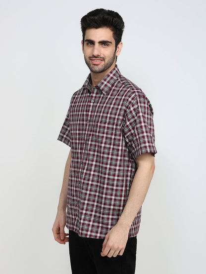 Colorplus Men Maroon Checks Comfort Fit Cotton Half Sleeve Casual Shirt