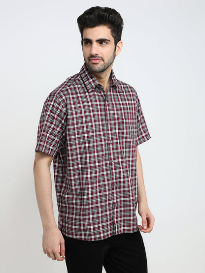 Colorplus Men Maroon Checks Comfort Fit Cotton Half Sleeve Casual Shirt
