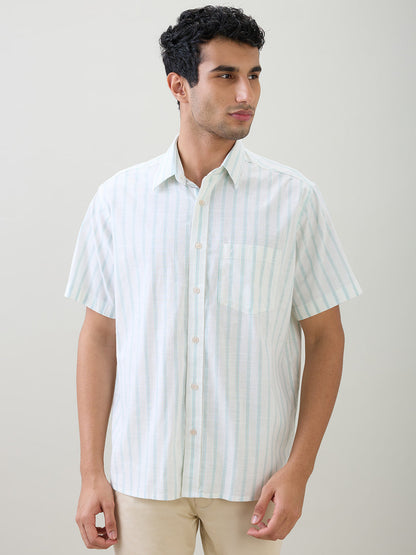 Colorplus Men Brown Stripe Comfort Fit Cotton Half Sleeve Casual Shirt