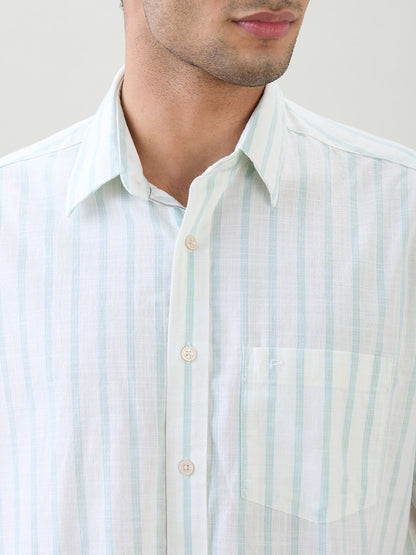 Colorplus Men Brown Stripe Comfort Fit Cotton Half Sleeve Casual Shirt