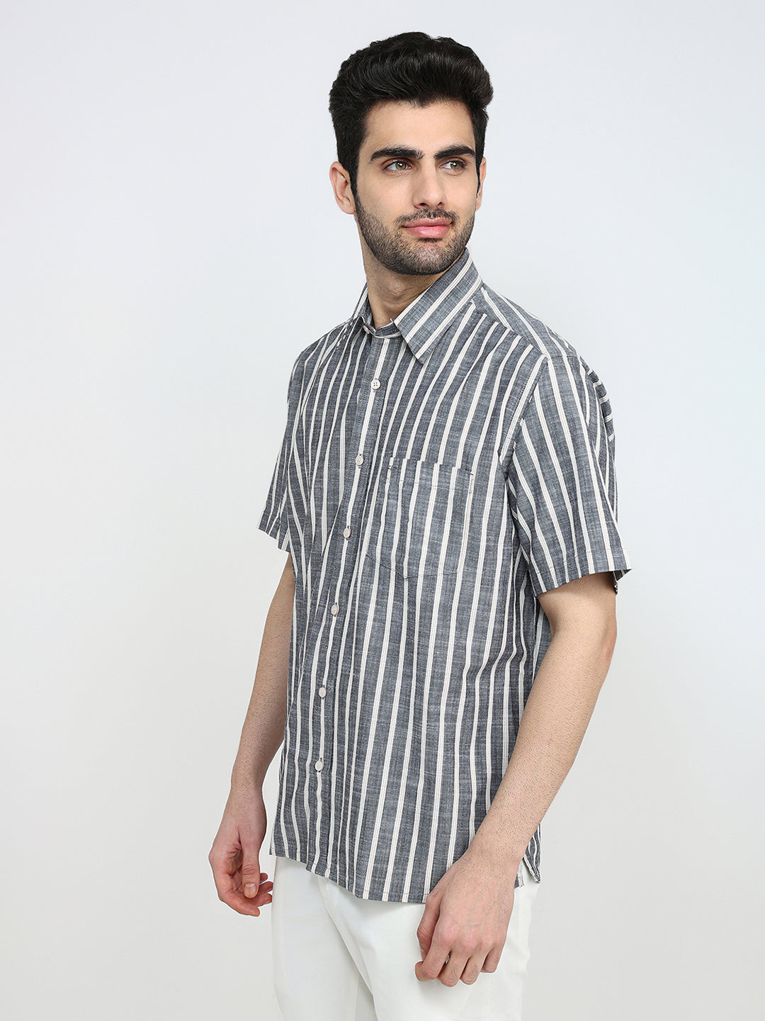 Colorplus Men Black Stripe Comfort Fit Cotton Half Sleeve Casual Shirt