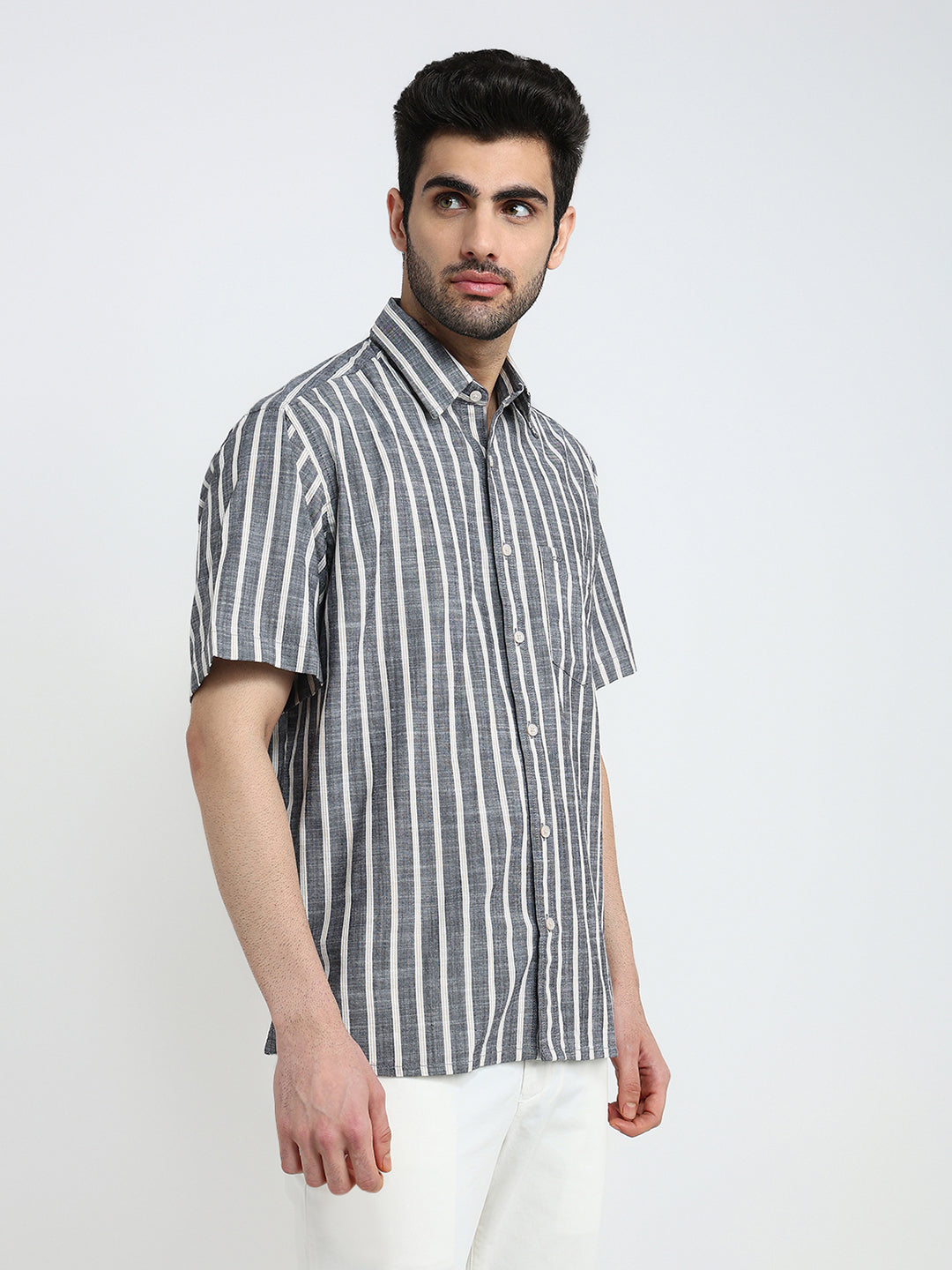 Colorplus Men Black Stripe Comfort Fit Cotton Half Sleeve Casual Shirt