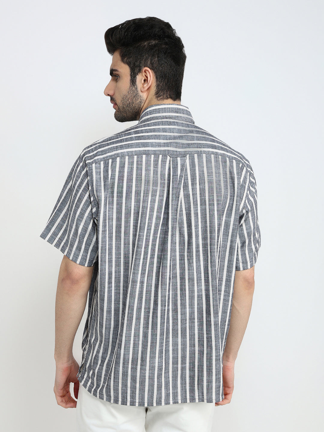 Colorplus Men Black Stripe Comfort Fit Cotton Half Sleeve Casual Shirt