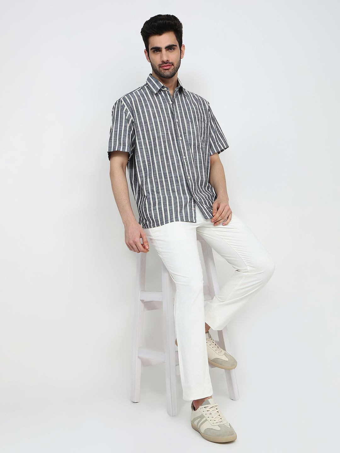 Colorplus Men Black Stripe Comfort Fit Cotton Half Sleeve Casual Shirt