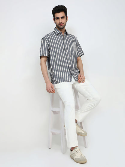 Colorplus Men Black Stripe Comfort Fit Cotton Half Sleeve Casual Shirt