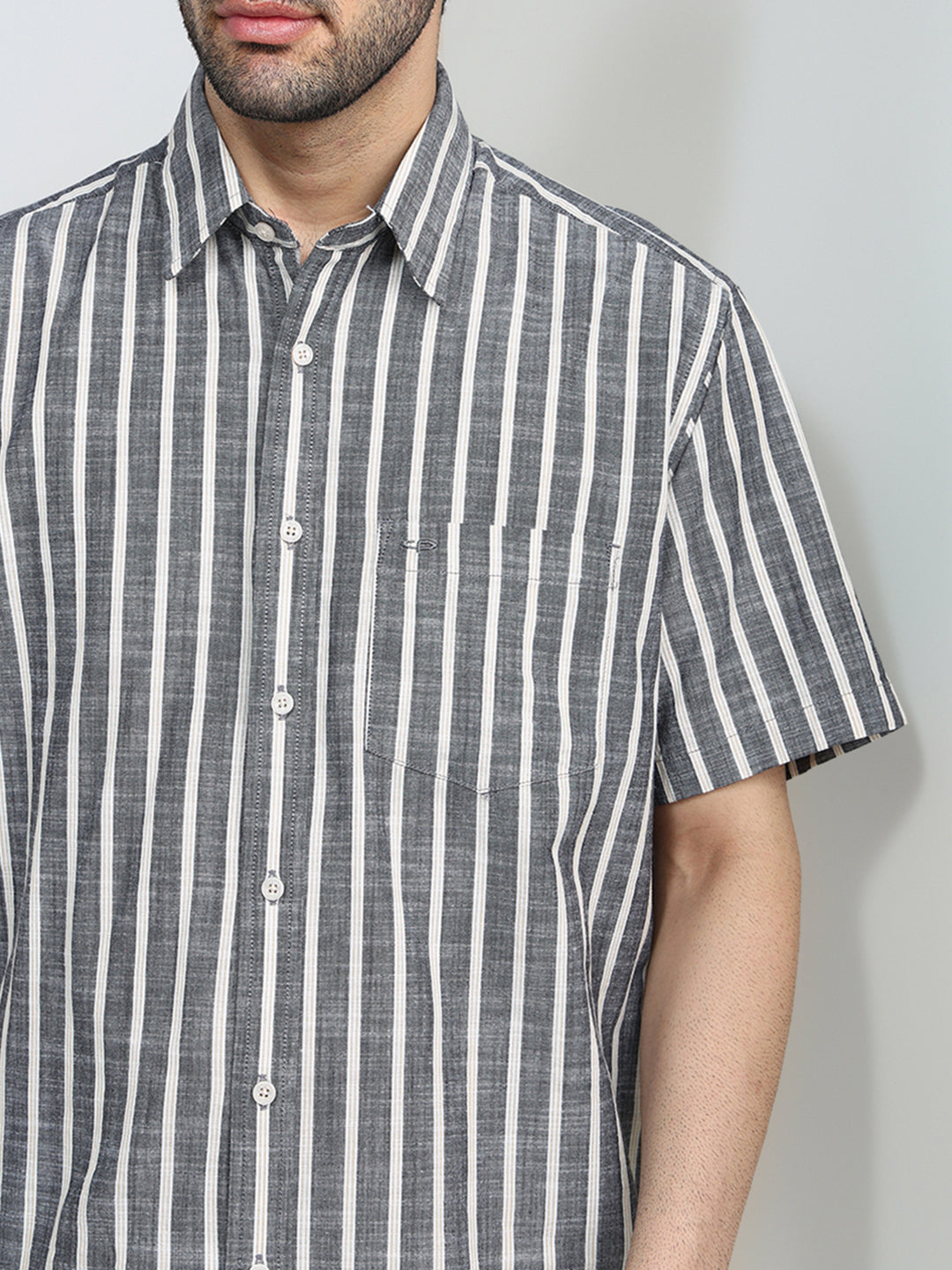 Colorplus Men Black Stripe Comfort Fit Cotton Half Sleeve Casual Shirt