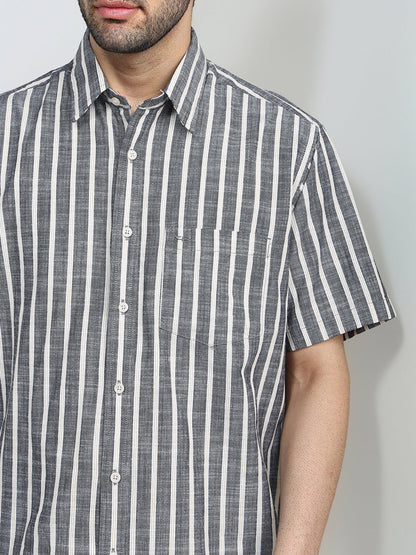 Colorplus Men Black Stripe Comfort Fit Cotton Half Sleeve Casual Shirt