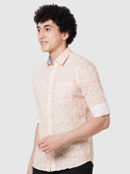 Men Yellow Contemporary Fit Print Cotton Full Sleeve Shirts