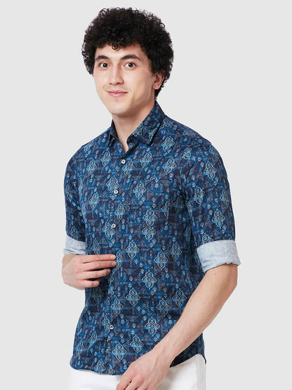 Men Blue Contemporary Fit Print Cotton Full Sleeve Shirts