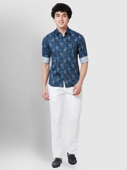 Men Blue Contemporary Fit Print Cotton Full Sleeve Shirts