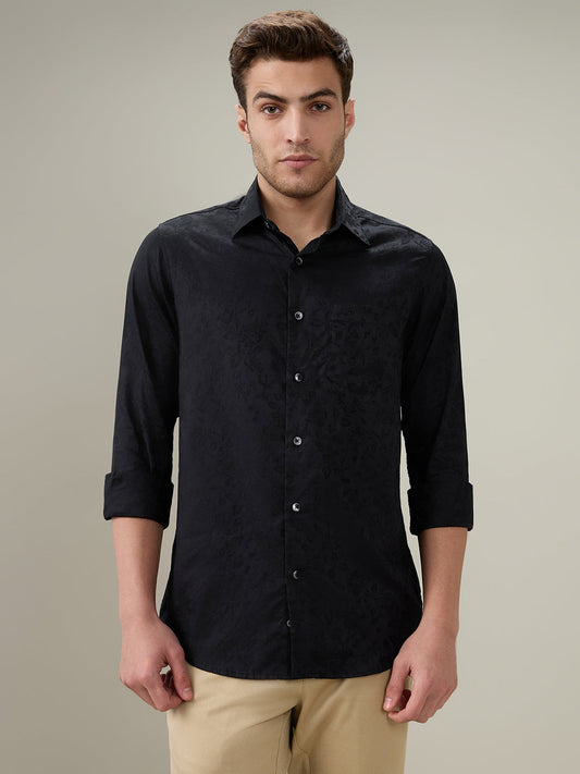 Colorplus Men Black Jacquard Slim Fit Cotton Full Sleeve Casual Shirt