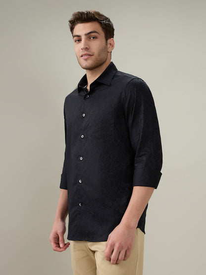 Colorplus Men Black Jacquard Slim Fit Cotton Full Sleeve Casual Shirt