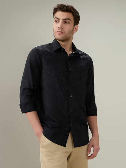 Colorplus Men Black Jacquard Slim Fit Cotton Full Sleeve Casual Shirt