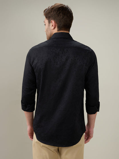 Colorplus Men Black Jacquard Slim Fit Cotton Full Sleeve Casual Shirt