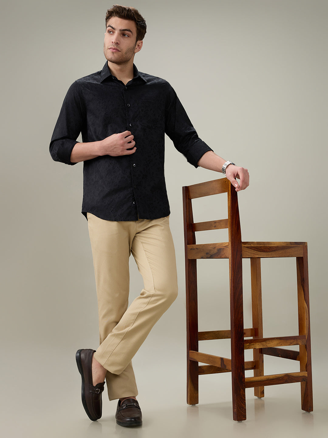 Colorplus Men Black Jacquard Slim Fit Cotton Full Sleeve Casual Shirt