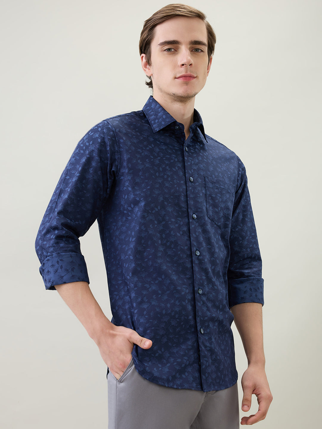 Colorplus Men Blue Jacquard Slim Fit Cotton Full Sleeve Casual Shirt