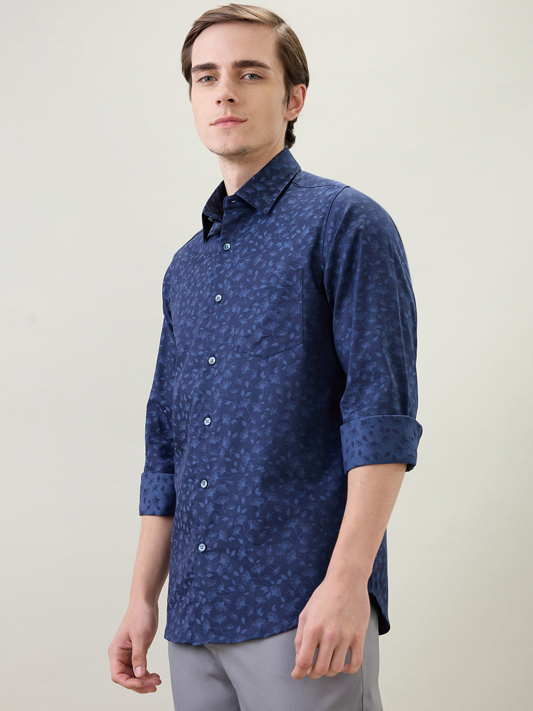 Colorplus Men Blue Jacquard Slim Fit Cotton Full Sleeve Casual Shirt