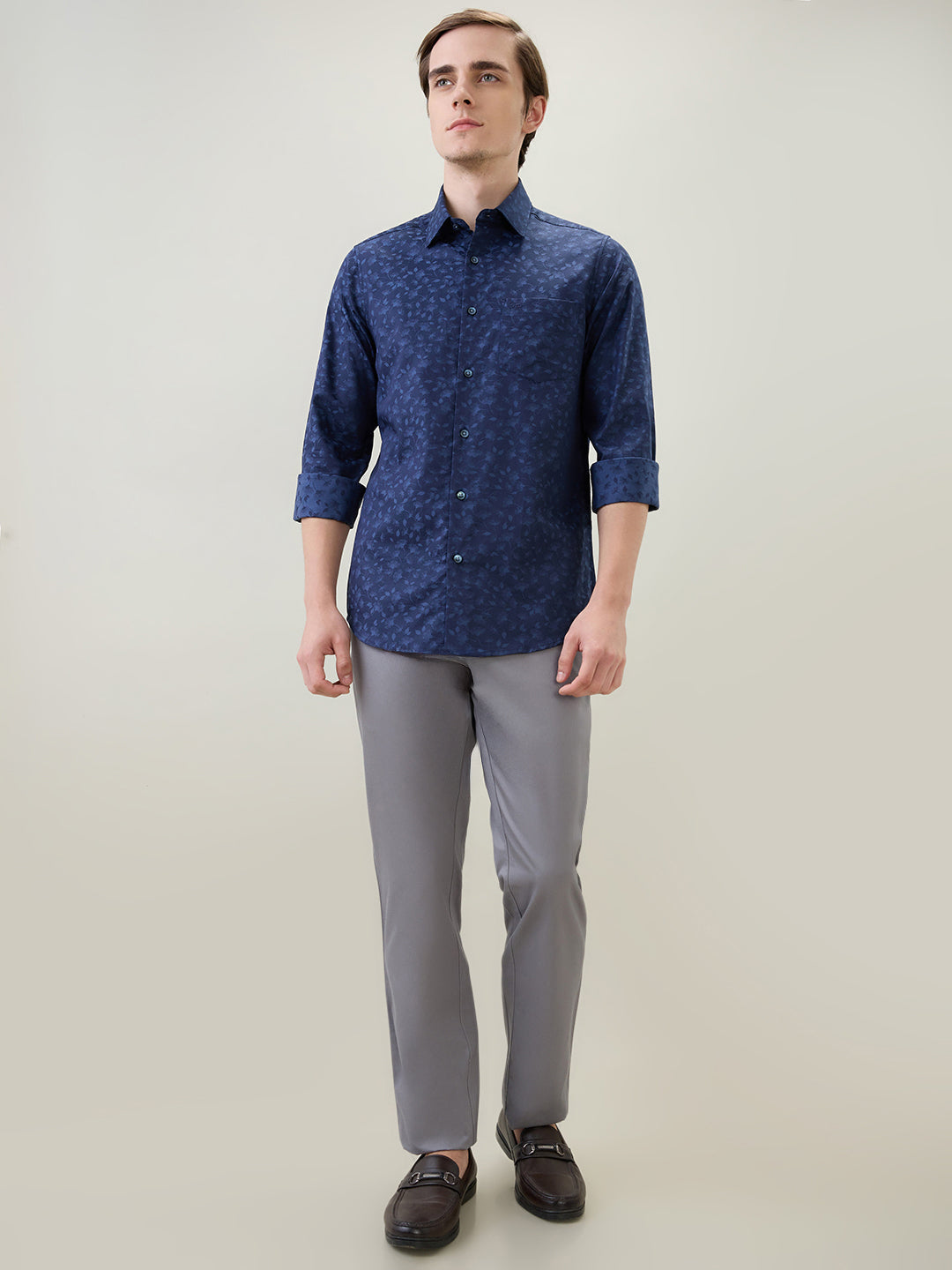 Colorplus Men Blue Jacquard Slim Fit Cotton Full Sleeve Casual Shirt