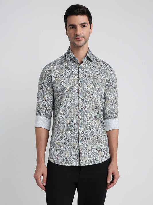 Colorplus Men Blue Printed Slim Fit Cotton Full Sleeve Casual Shirt