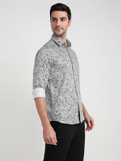 Colorplus Men Blue Printed Slim Fit Cotton Full Sleeve Casual Shirt