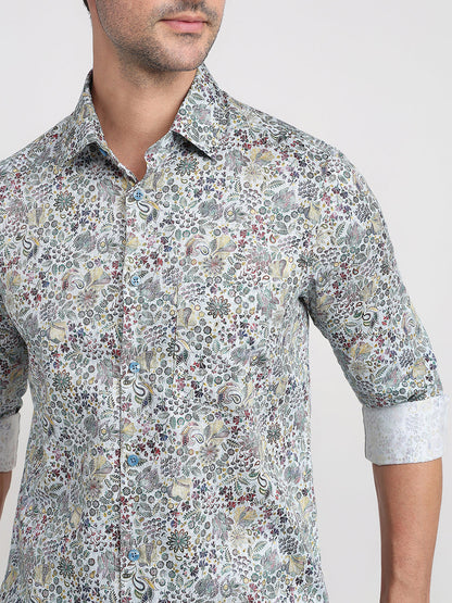 Colorplus Men Blue Printed Slim Fit Cotton Full Sleeve Casual Shirt