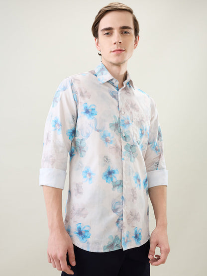 Colorplus Men Blue Printed Slim Fit Cotton Full Sleeve Casual Shirt