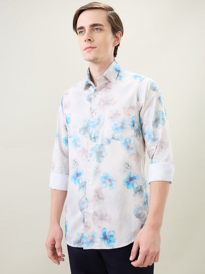 Colorplus Men Blue Printed Slim Fit Cotton Full Sleeve Casual Shirt