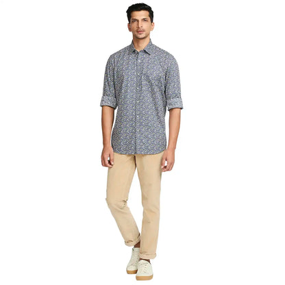 Men Blue Tailored Fit Print Cotton Full Sleeve Shirts