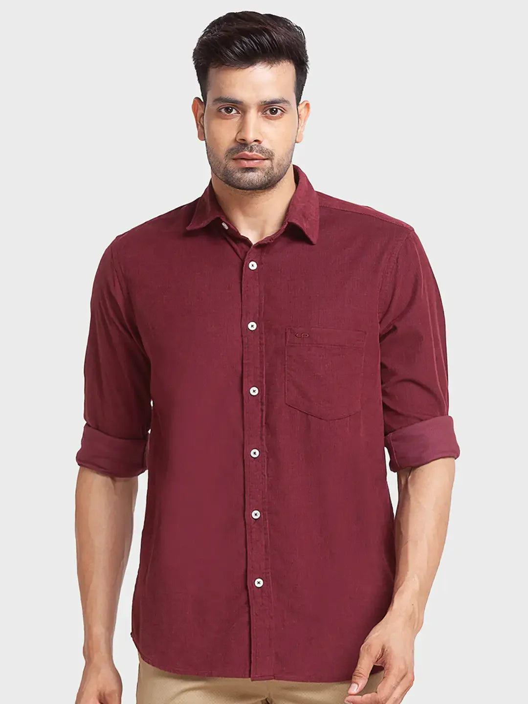 Men Red Tailored Fit Solid Cotton Full Sleeve Shirts