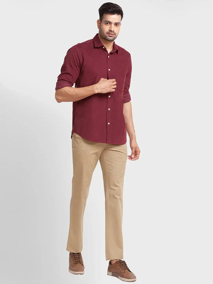 Men Red Tailored Fit Solid Cotton Full Sleeve Shirts