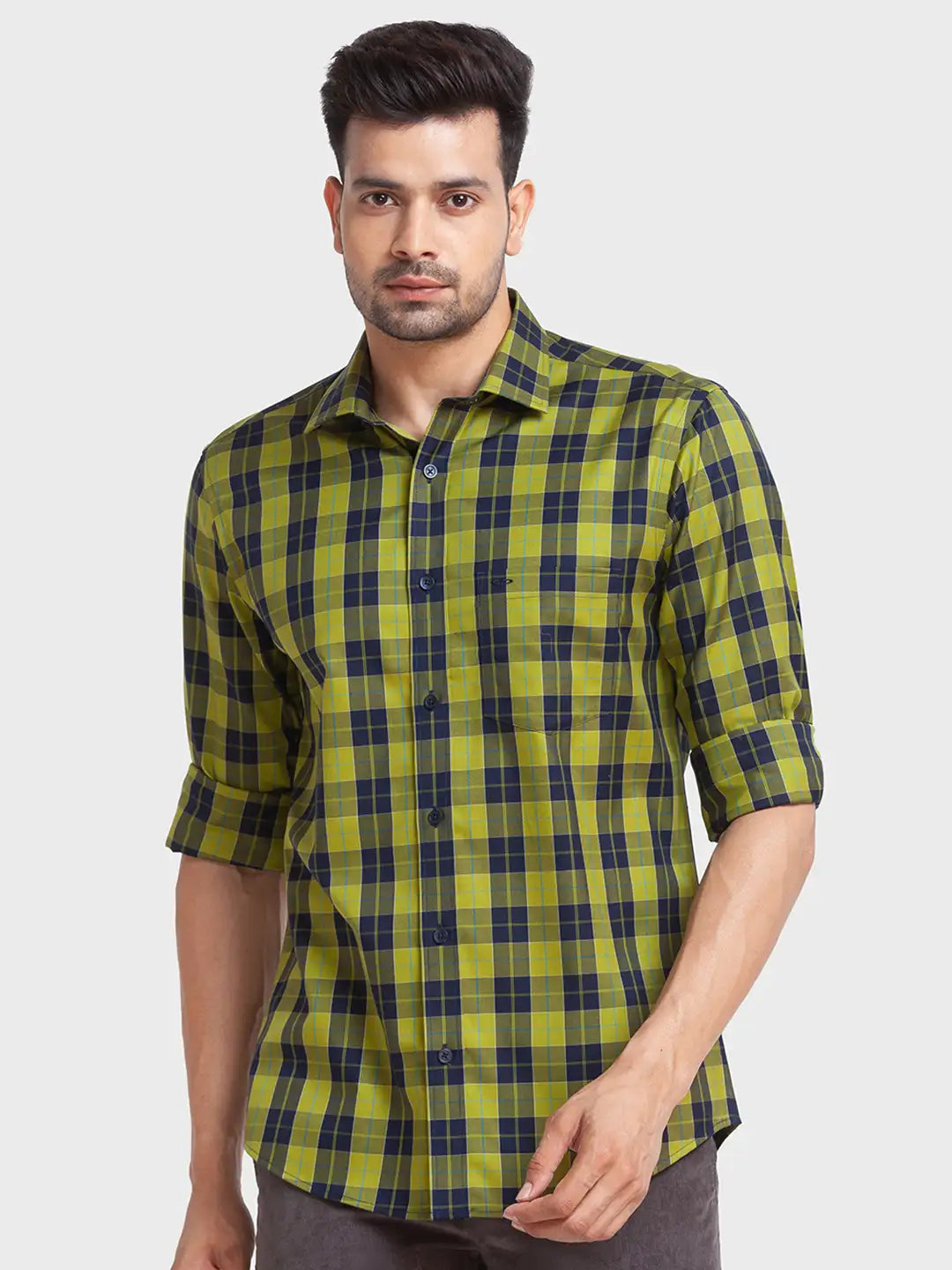 Men Green Tailored Fit Checks Cotton Full Sleeve Shirts