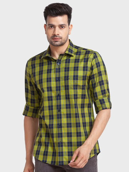 Men Green Tailored Fit Checks Cotton Full Sleeve Shirts